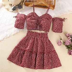 SHEIN Red Floral Kids Matching Set